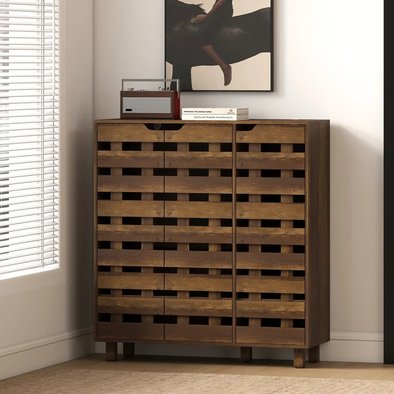 Shoe Cabinet, 21 Pair Storage, Hollowed-Out Doors, Distressed Brown