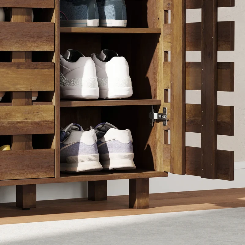 Shoe Cabinet, 21 Pair Storage, Hollowed-Out Doors, Distressed Brown