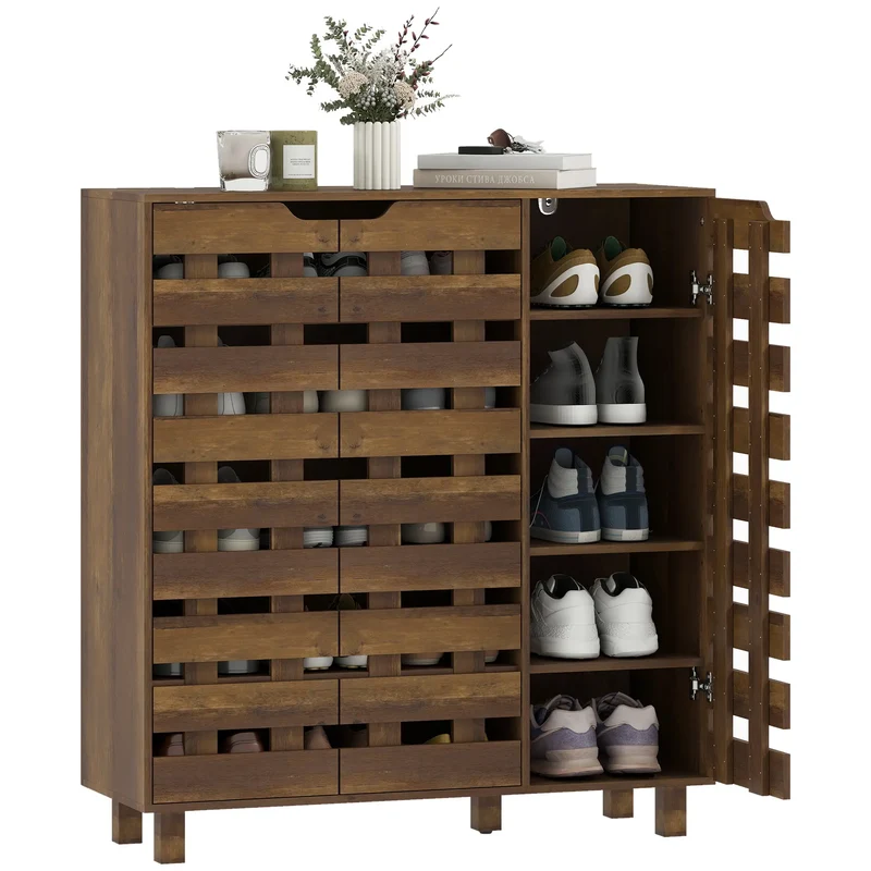 Shoe Cabinet, 21 Pair Storage, Hollowed-Out Doors, Distressed Brown