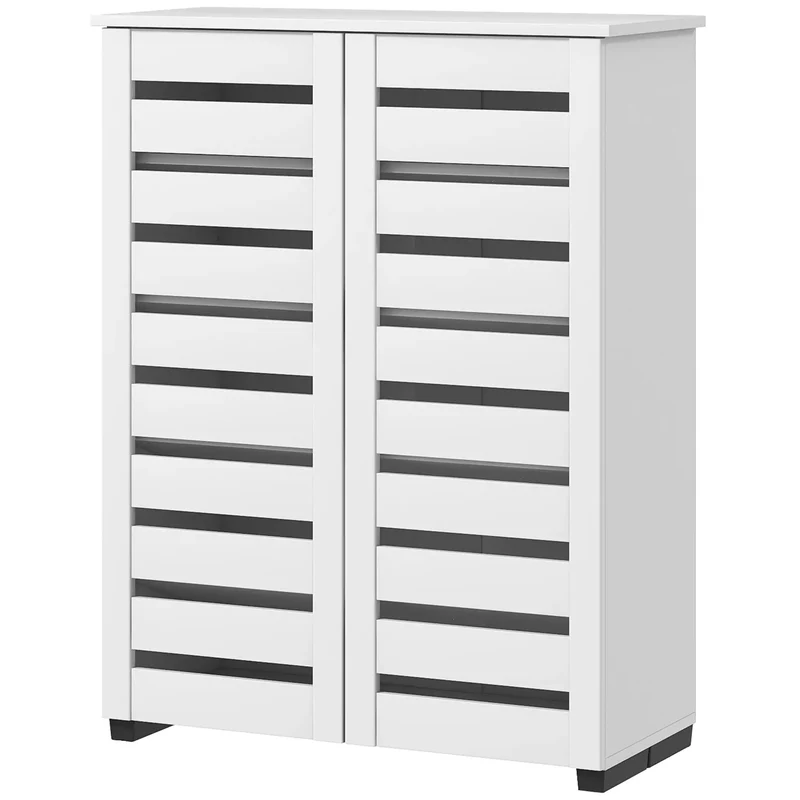 Shoe Storage Cabinet, 2 Slatted Doors, Holds 15 Pairs, White