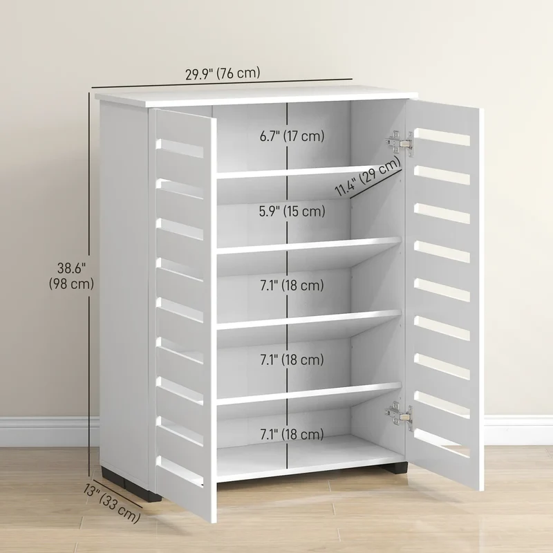 Shoe Storage Cabinet, 2 Slatted Doors, Holds 15 Pairs, White