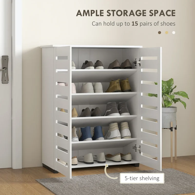 Shoe Storage Cabinet, 2 Slatted Doors, Holds 15 Pairs, White