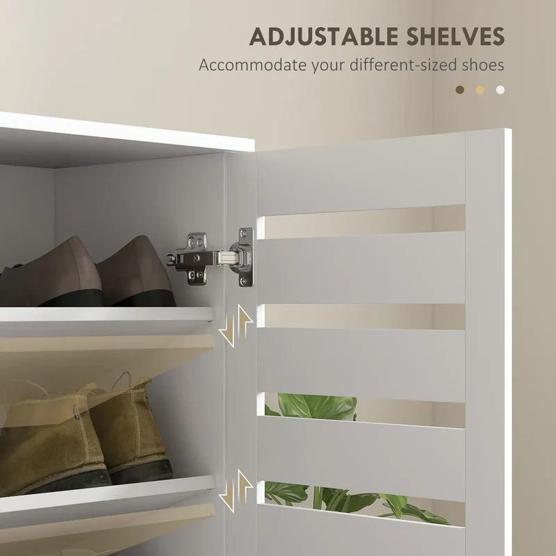 Shoe Storage Cabinet, 2 Slatted Doors, Holds 15 Pairs, White
