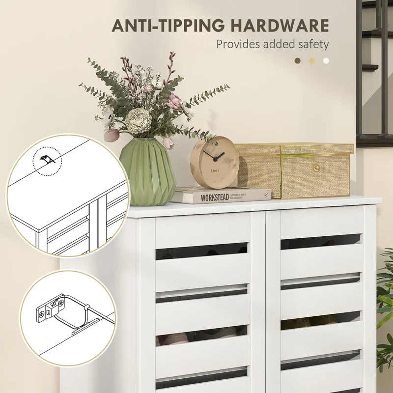 Shoe Storage Cabinet, 2 Slatted Doors, Holds 15 Pairs, White