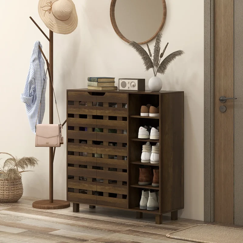 21 Pair Shoe Cabinet, 5-Tier Double Door, 5-Tier Open Shelves, Brown