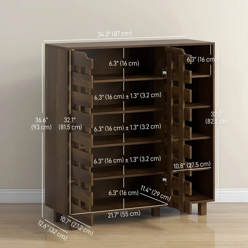 21 Pair Shoe Cabinet, 5-Tier Double Door, 5-Tier Open Shelves, Brown