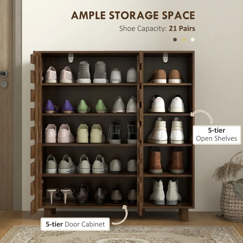 21 Pair Shoe Cabinet, 5-Tier Double Door, 5-Tier Open Shelves, Brown