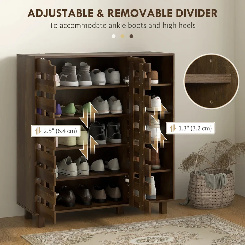 21 Pair Shoe Cabinet, 5-Tier Double Door, 5-Tier Open Shelves, Brown