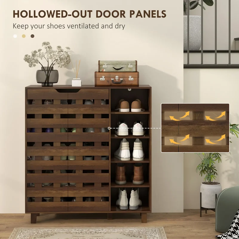 21 Pair Shoe Cabinet, 5-Tier Double Door, 5-Tier Open Shelves, Brown