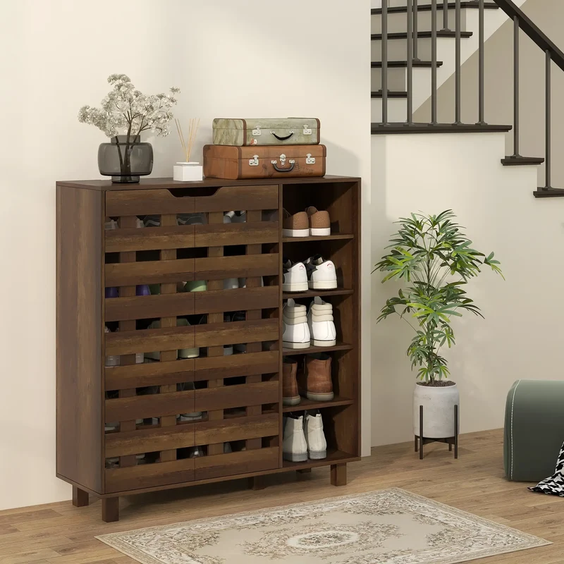 21 Pair Shoe Cabinet, 5-Tier Double Door, 5-Tier Open Shelves, Brown