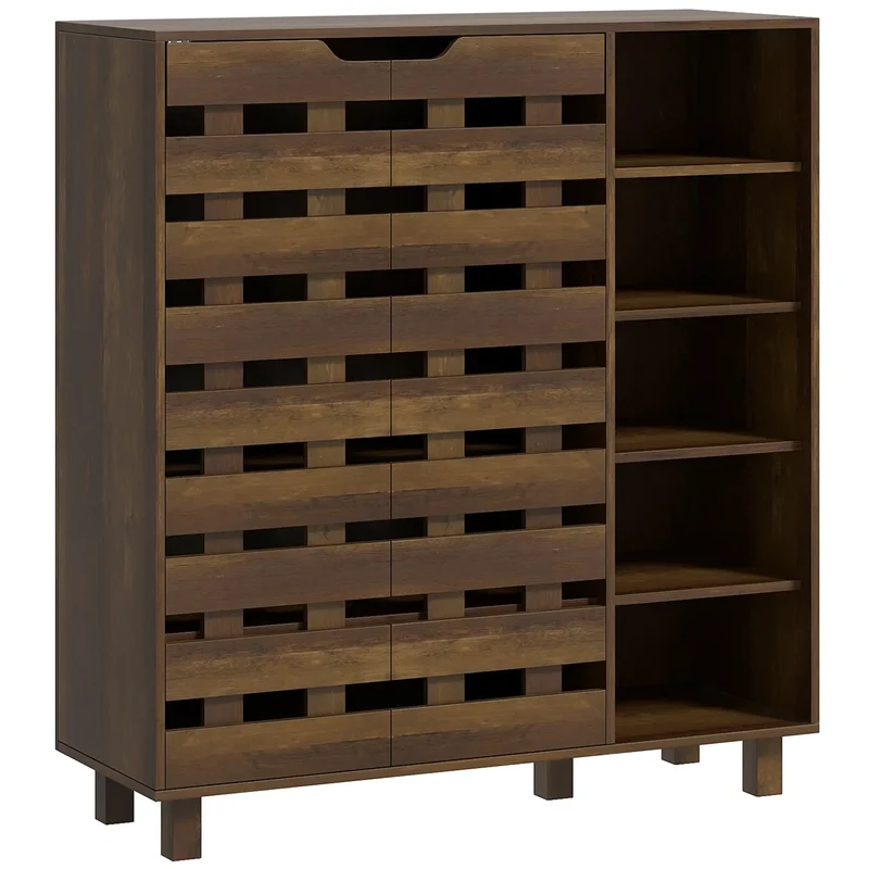 21 Pair Shoe Cabinet, 5-Tier Double Door, 5-Tier Open Shelves, Brown