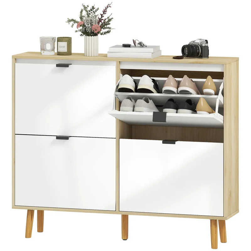 Narrow Shoe Cabinet, 4 Flip Drawers, Adjustable Shelves, Holds 20 Pairs, White