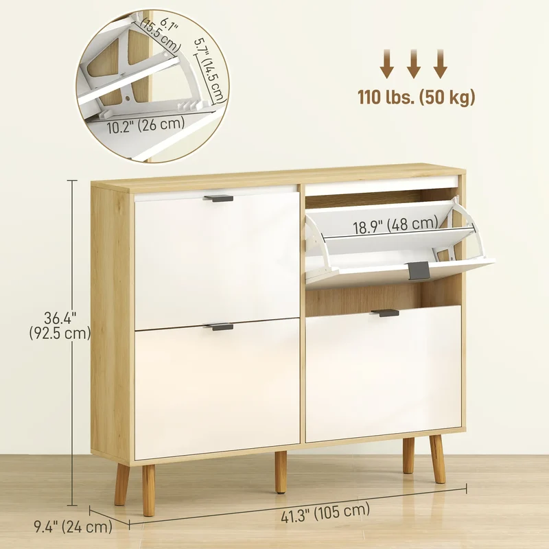 Narrow Shoe Cabinet, 4 Flip Drawers, Adjustable Shelves, Holds 20 Pairs, White