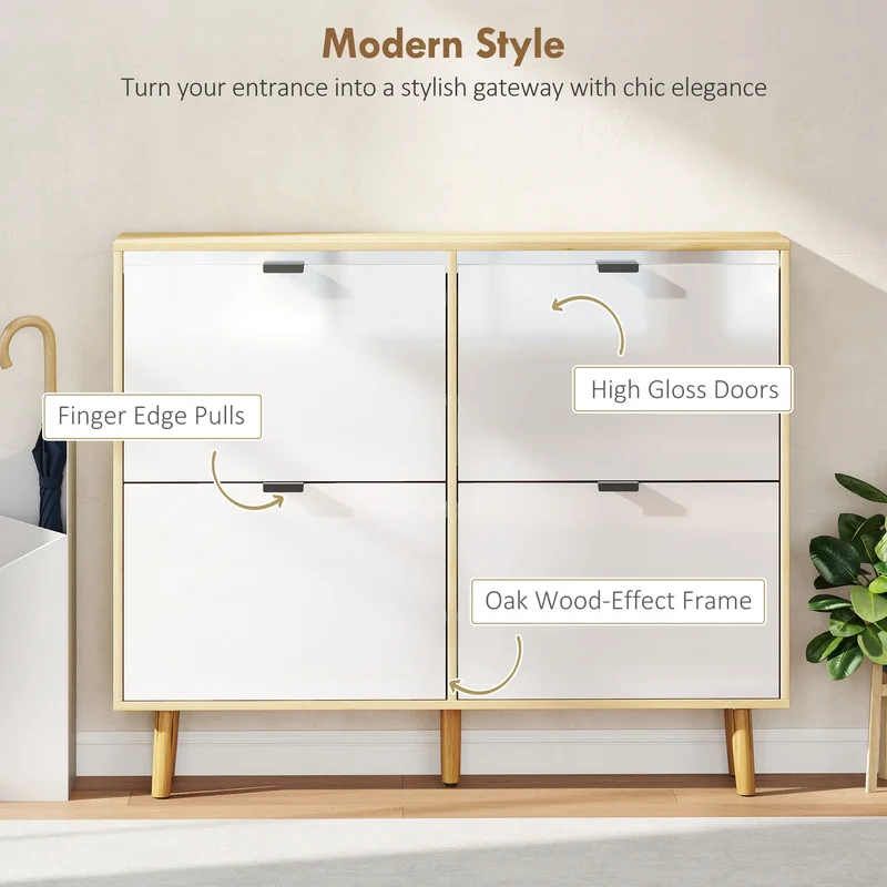 Narrow Shoe Cabinet, 4 Flip Drawers, Adjustable Shelves, Holds 20 Pairs, White