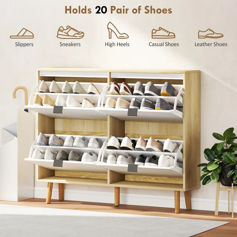 Narrow Shoe Cabinet, 4 Flip Drawers, Adjustable Shelves, Holds 20 Pairs, White