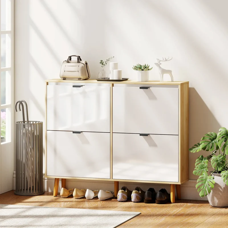 Narrow Shoe Cabinet, 4 Flip Drawers, Adjustable Shelves, Holds 20 Pairs, White
