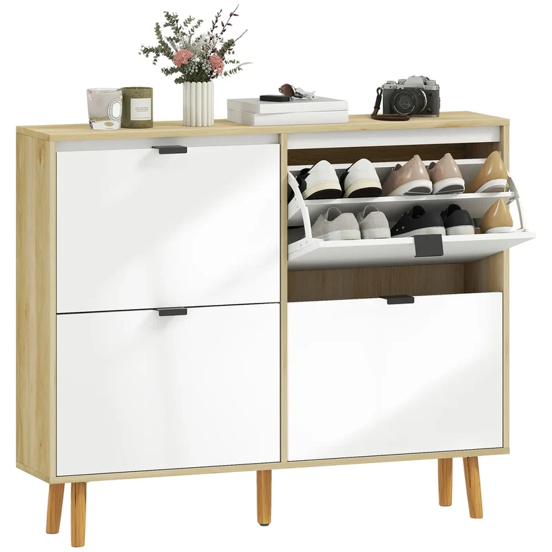 Narrow Shoe Cabinet, 4 Flip Drawers, Adjustable Shelves, Holds 20 Pairs, White