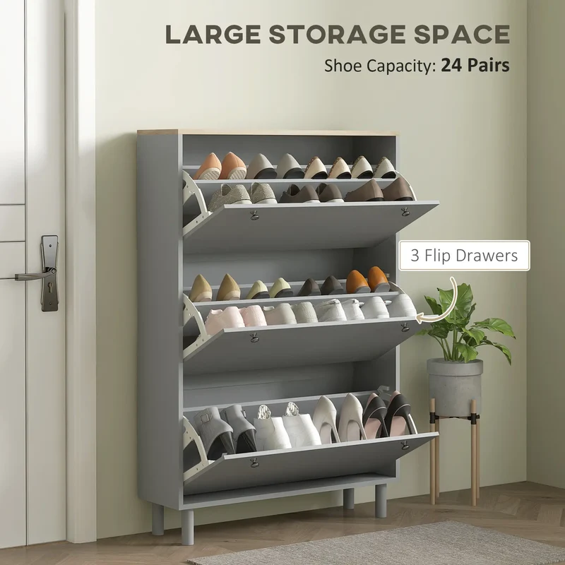 Shoe Storage, 3 Flip Drawers, Adjustable Shelves, 24 Pairs, Grey