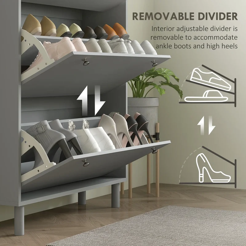 Shoe Storage, 3 Flip Drawers, Adjustable Shelves, 24 Pairs, Grey