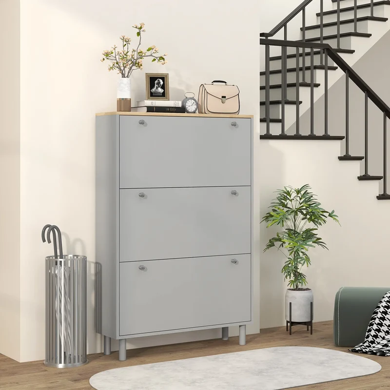 Shoe Storage, 3 Flip Drawers, Adjustable Shelves, 24 Pairs, Grey