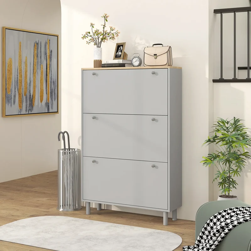 Shoe Storage, 3 Flip Drawers, Adjustable Shelves, 24 Pairs, Grey