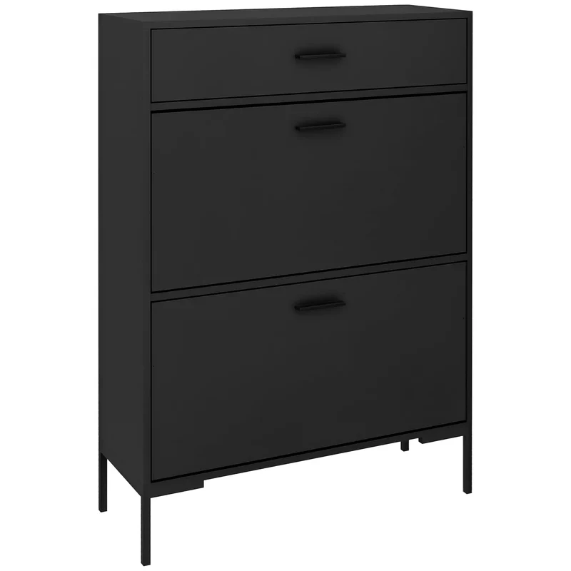 Modern Shoe Cabinet, 12 Pair Organizer, 2 Flip Doors, Adjustable Shelf, Black