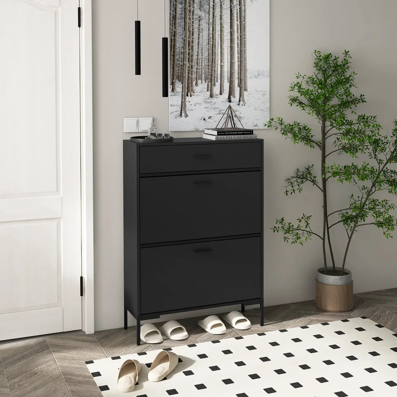Modern Shoe Cabinet, 12 Pair Organizer, 2 Flip Doors, Adjustable Shelf, Black