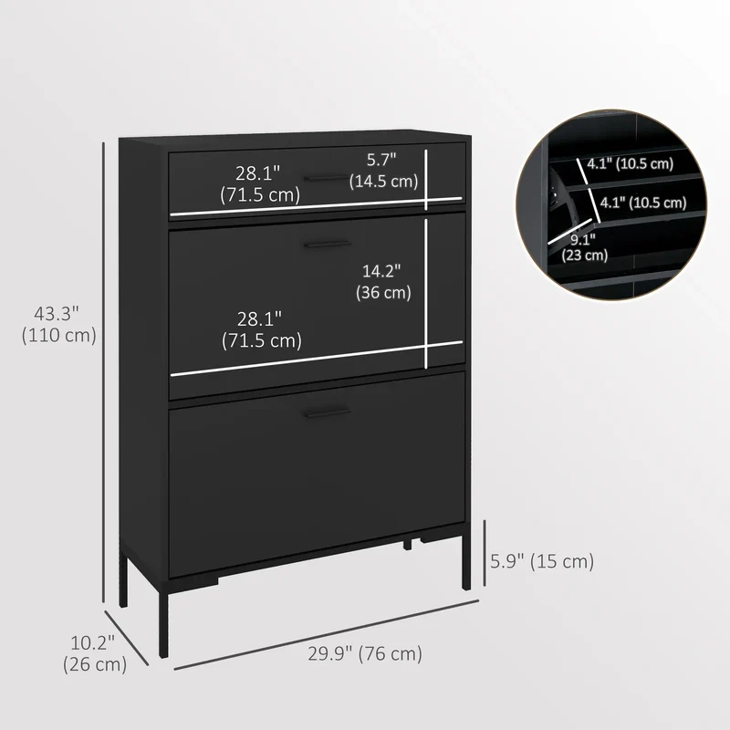 Modern Shoe Cabinet, 12 Pair Organizer, 2 Flip Doors, Adjustable Shelf, Black