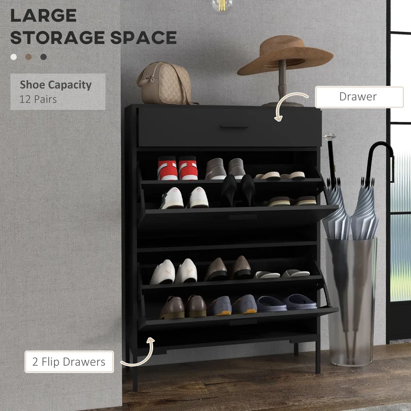 Modern Shoe Cabinet, 12 Pair Organizer, 2 Flip Doors, Adjustable Shelf, Black