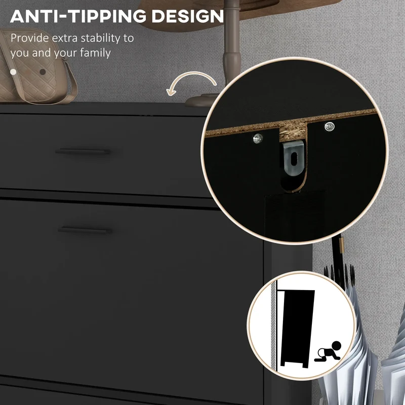 Modern Shoe Cabinet, 12 Pair Organizer, 2 Flip Doors, Adjustable Shelf, Black