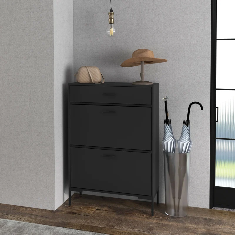 Modern Shoe Cabinet, 12 Pair Organizer, 2 Flip Doors, Adjustable Shelf, Black