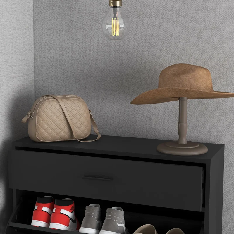 Modern Shoe Cabinet, 12 Pair Organizer, 2 Flip Doors, Adjustable Shelf, Black