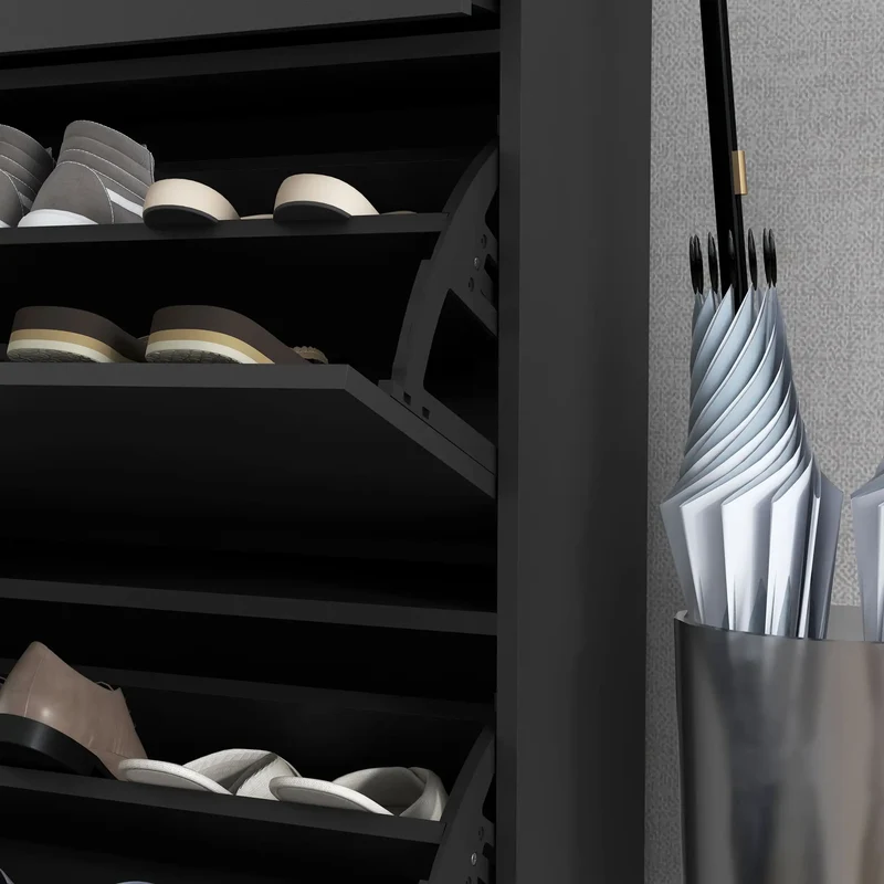 Modern Shoe Cabinet, 12 Pair Organizer, 2 Flip Doors, Adjustable Shelf, Black