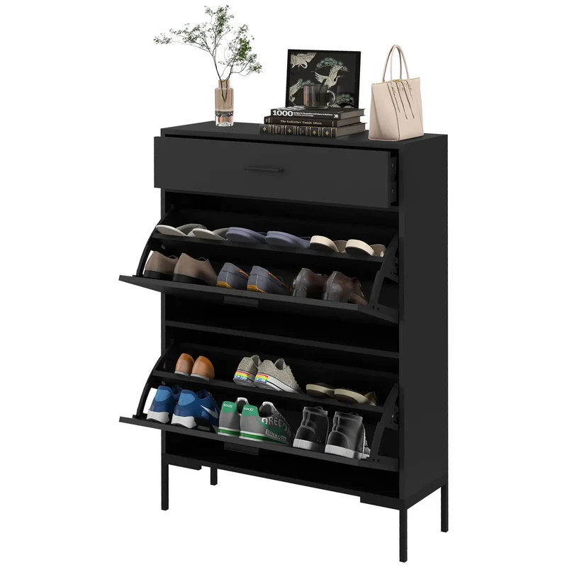 Modern Shoe Cabinet, 12 Pair Organizer, 2 Flip Doors, Adjustable Shelf, Black
