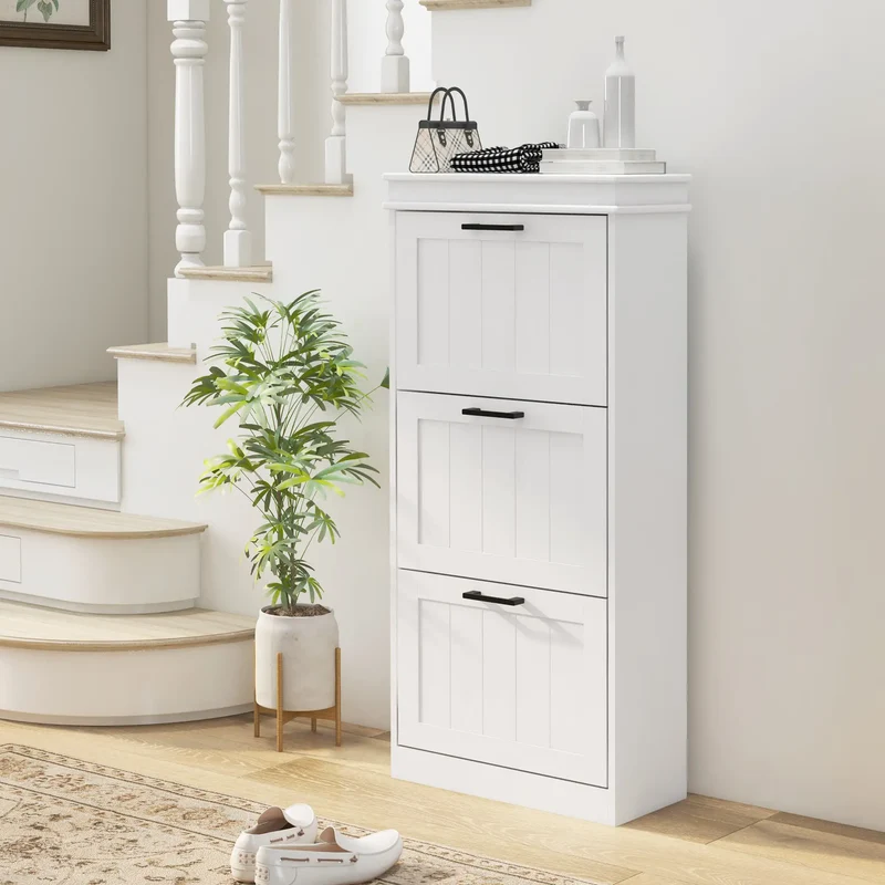 Slim Shoe Cabinet, 3 Flip Drawers, Adjustable Shelves, 15 Pairs, White