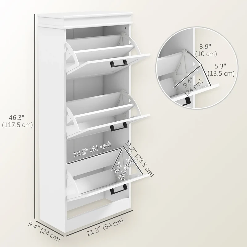Slim Shoe Cabinet, 3 Flip Drawers, Adjustable Shelves, 15 Pairs, White