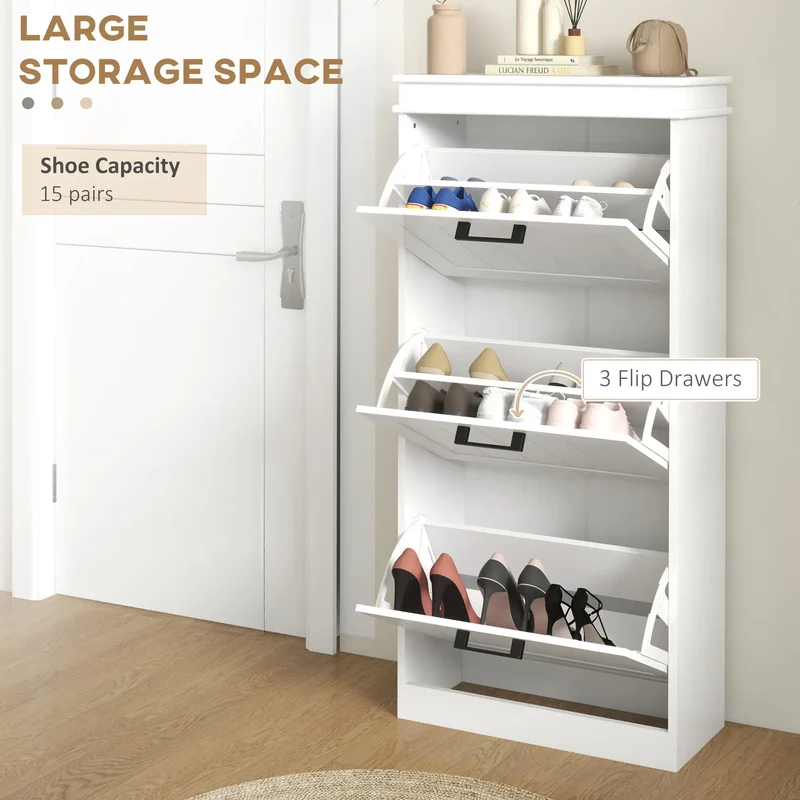 Slim Shoe Cabinet, 3 Flip Drawers, Adjustable Shelves, 15 Pairs, White