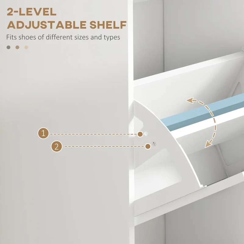 Slim Shoe Cabinet, 3 Flip Drawers, Adjustable Shelves, 15 Pairs, White