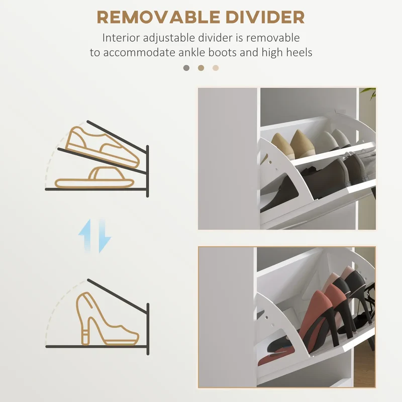 Slim Shoe Cabinet, 3 Flip Drawers, Adjustable Shelves, 15 Pairs, White