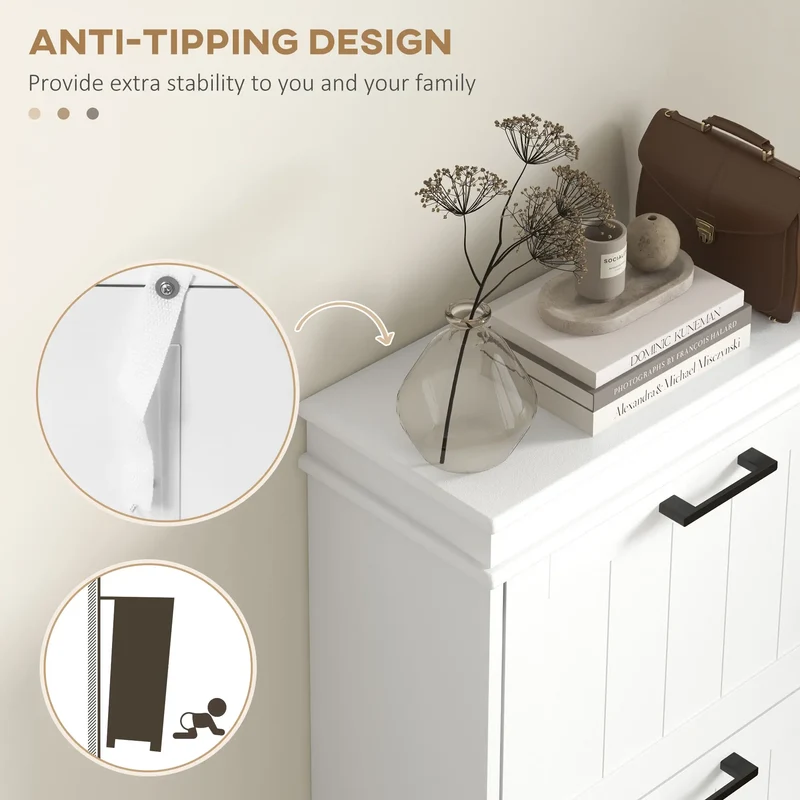 Slim Shoe Cabinet, 3 Flip Drawers, Adjustable Shelves, 15 Pairs, White