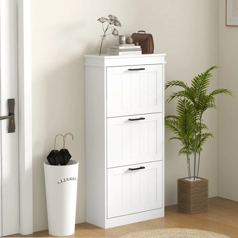 Slim Shoe Cabinet, 3 Flip Drawers, Adjustable Shelves, 15 Pairs, White