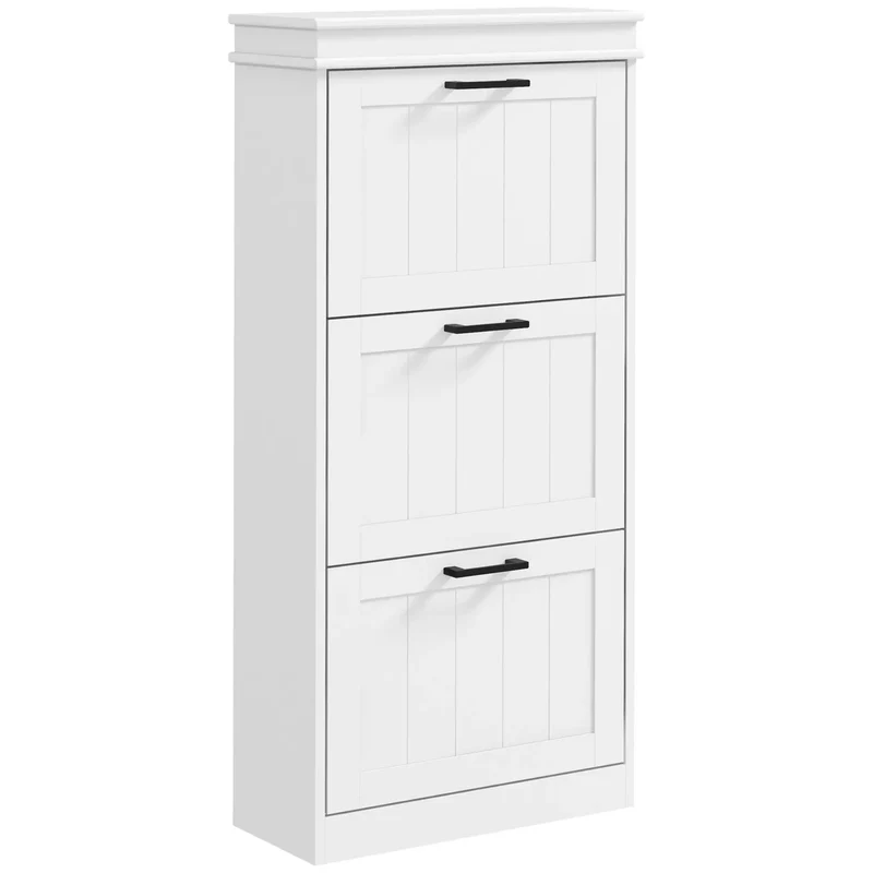 Slim Shoe Cabinet, 3 Flip Drawers, Adjustable Shelves, 15 Pairs, White