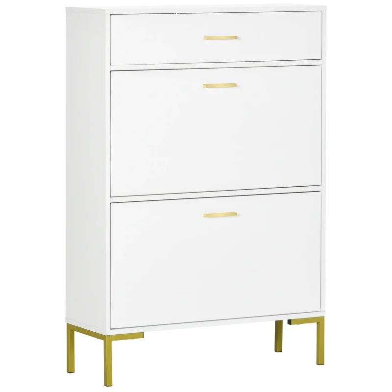 Modern Shoe Cabinet, 12 Pair Organizer, 2 Flip Doors, Adjustable Shelf, White