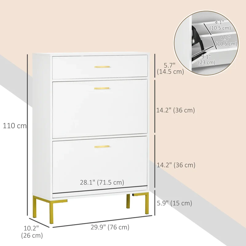 Modern Shoe Cabinet, 12 Pair Organizer, 2 Flip Doors, Adjustable Shelf, White