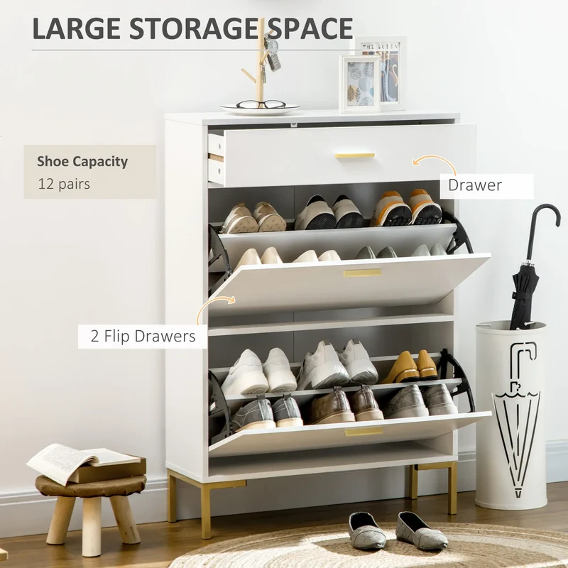 Modern Shoe Cabinet, 12 Pair Organizer, 2 Flip Doors, Adjustable Shelf, White