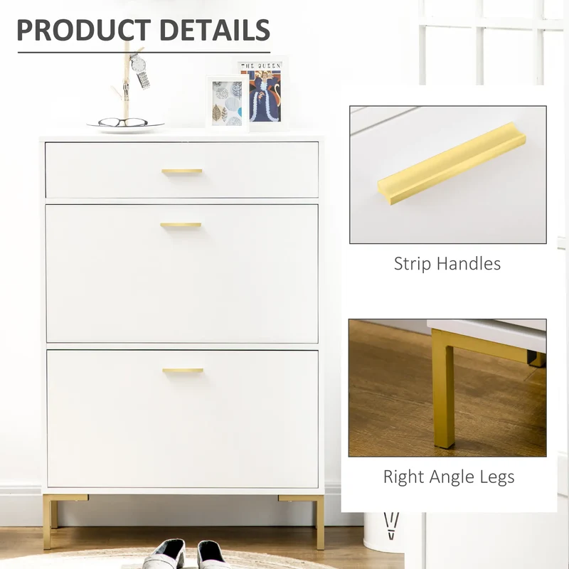 Modern Shoe Cabinet, 12 Pair Organizer, 2 Flip Doors, Adjustable Shelf, White