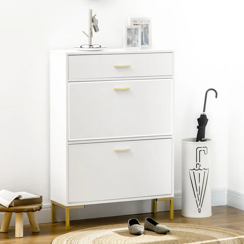 Modern Shoe Cabinet, 12 Pair Organizer, 2 Flip Doors, Adjustable Shelf, White