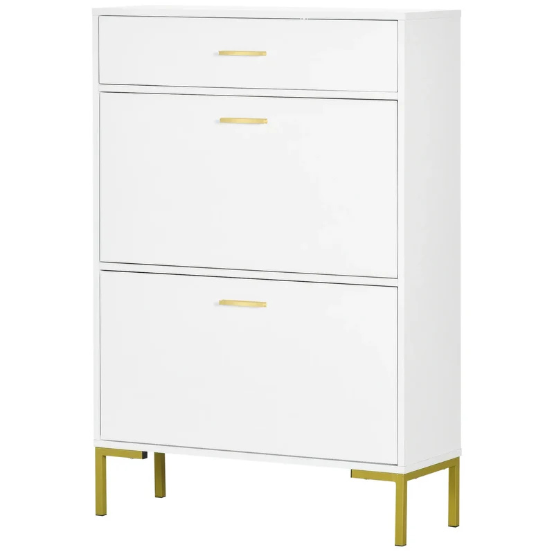 Modern Shoe Cabinet, 12 Pair Organizer, 2 Flip Doors, Adjustable Shelf, White