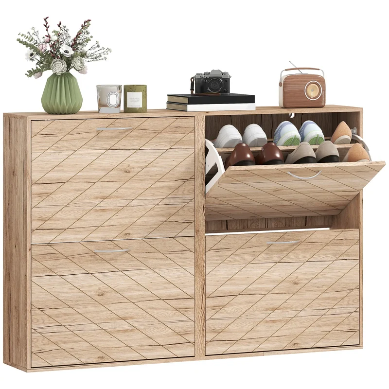 Shoe Storage Cabinet, 3 Flip Drawers, Narrow Slim, 12 Pair Organizer, Oak