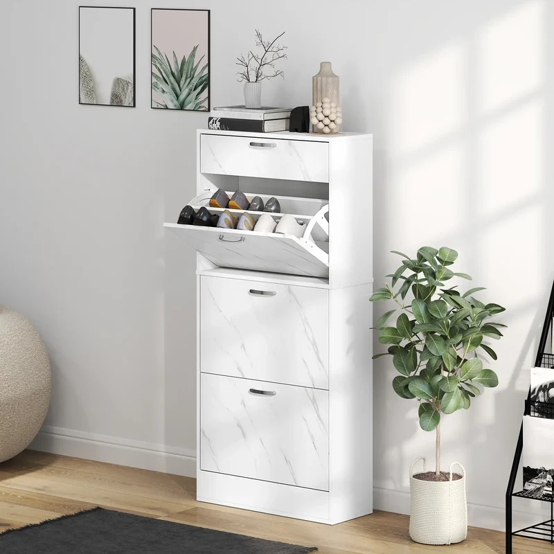 3 Flip Drawer Shoe Cabinet, Marble-Effect Narrow, White